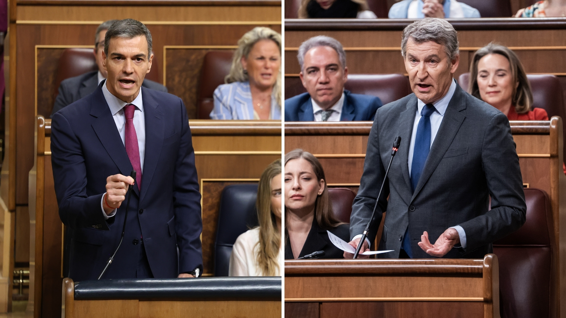 El presidente del Gobierno, Pedro Sánchez, y el presidente del PP, Alberto Núñez Feijóo, en la sesión de control al Gobierno en el Congreso