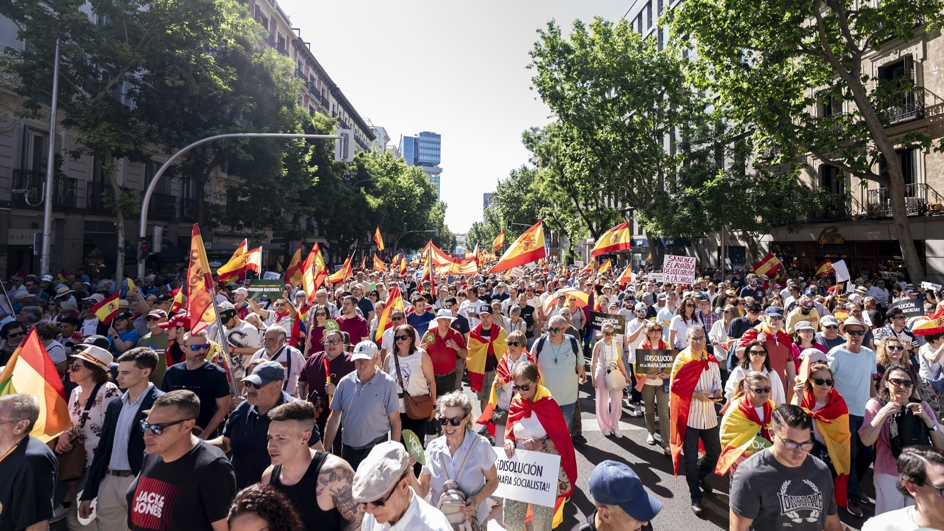 Numerosas personas marchan durante una manifestación para exigir la dimisión del presidente del Gobierno, Pedro Sánchez, a 23 de mayo de 2026, en Madrid (España).