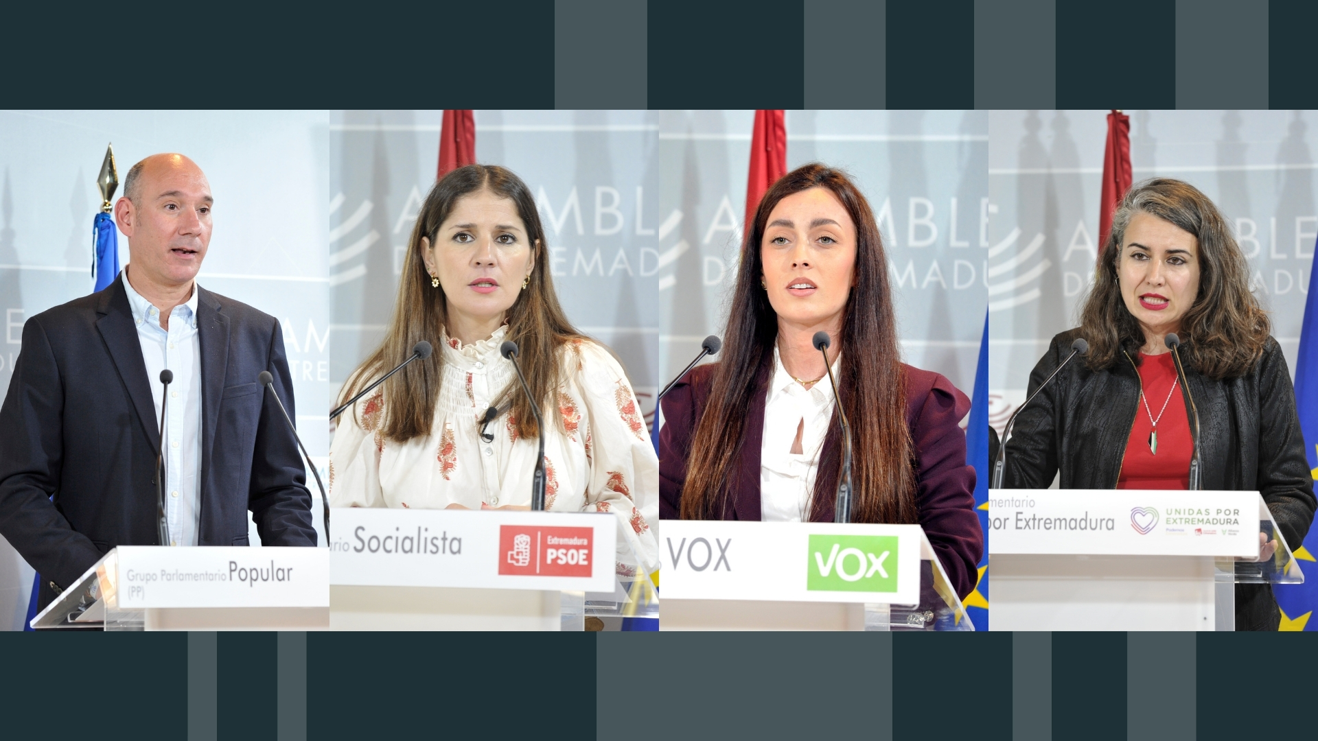 José Ángel Sánchez Juliá (PP), Isabel Gil Rosiña (PSOE), Inés Checa (VOX), Irene de Miguel (Unidas por Extremadura)