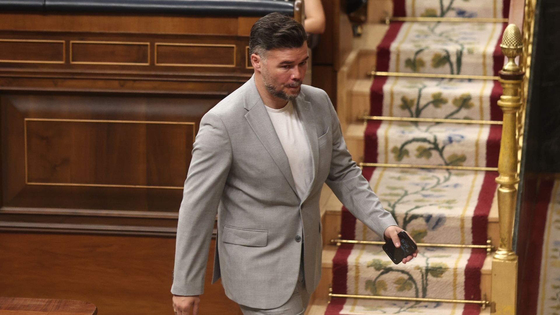 El portavoz de ERC en el Congreso, Gabriel Rufián, durante una sesión plenaria en el Congreso de los Diputados, a 27 de mayo de 2026,