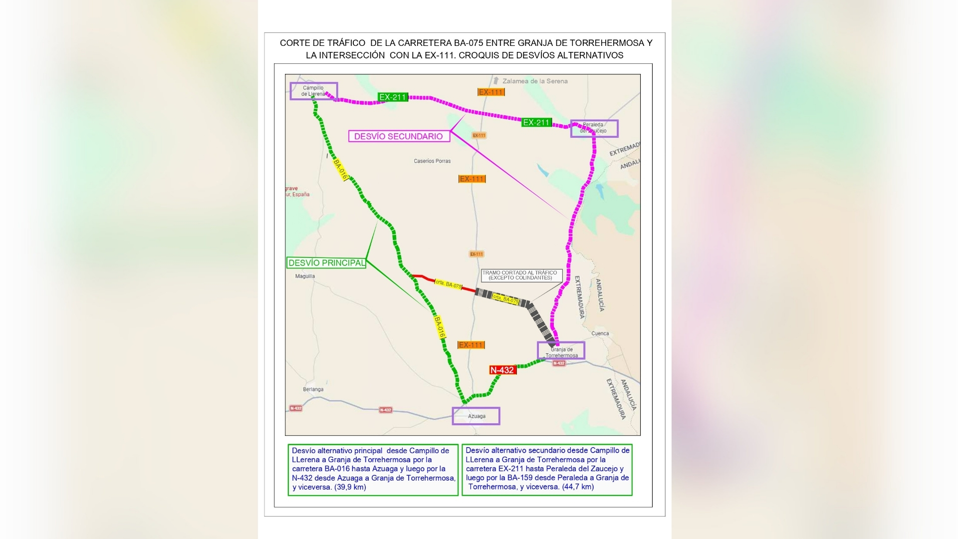 Corte de tráfico en la carretera BA-075 de Granja de Torrehermosa hasta la BA-016