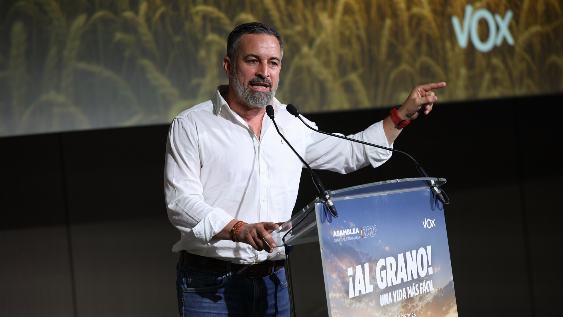 El presidente de Vox, Santiago Abascal, interviene durante la Asamblea Ordinaria de Vox 2026, el auditorio Mutua Madrileña, a 27 de junio de 2026, en Madrid