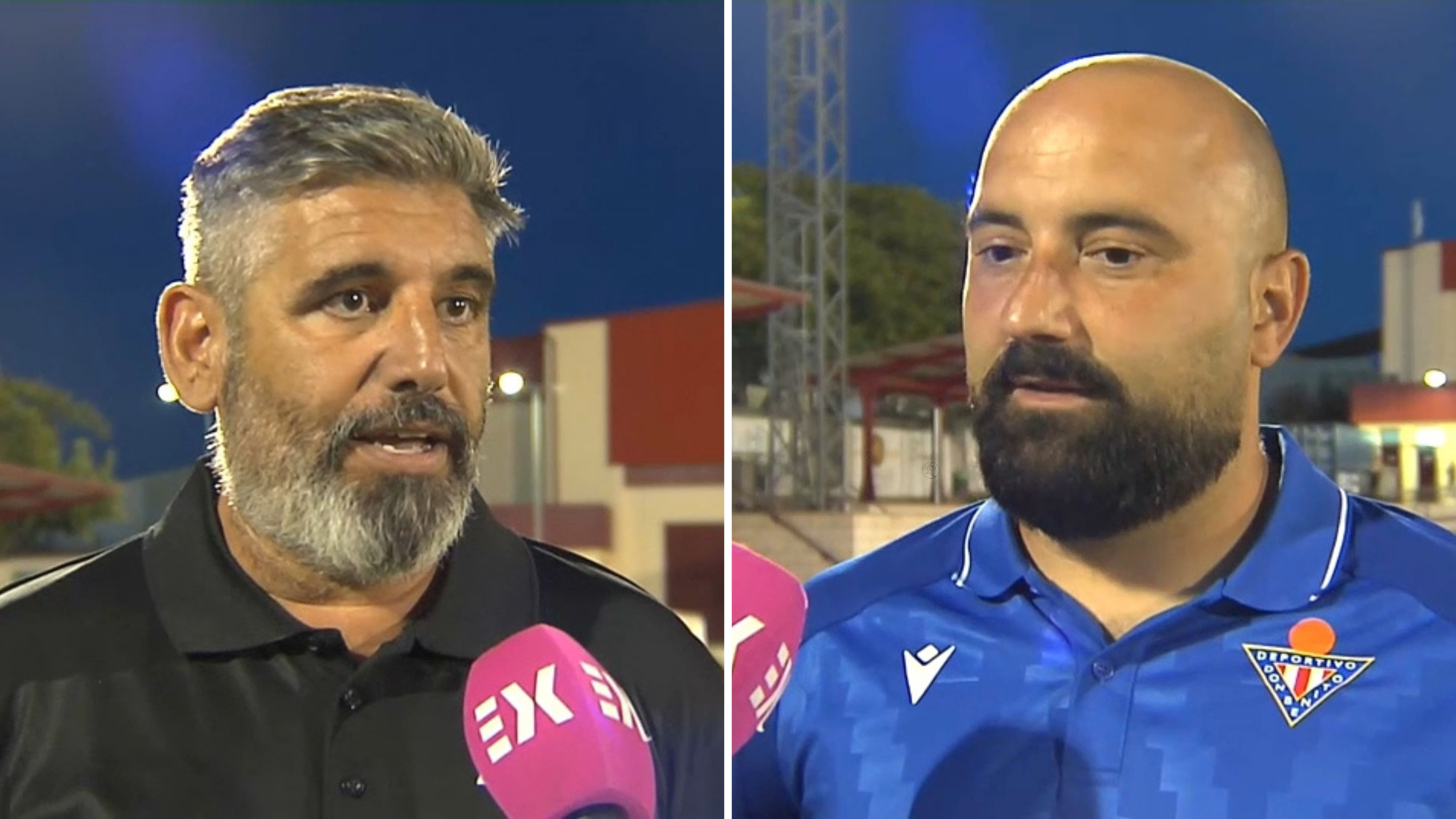 Juan García, Entrenador CF Jaraíz (izquierda), y Juan Carlos Prieto, entrenador CD Don Benito (derecha).