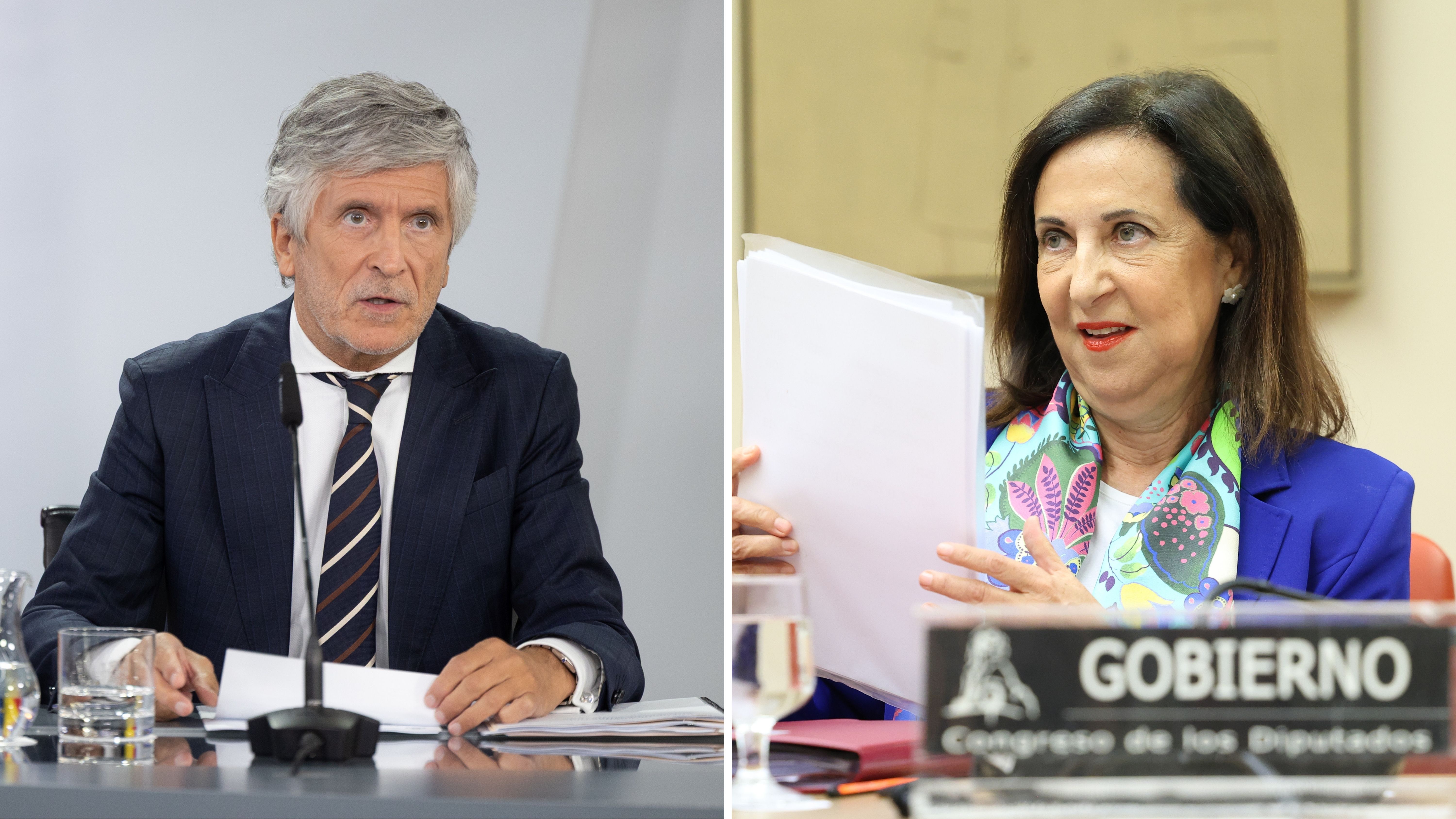El ministro del Interior, Fernando Grande-Marlaska, durante la rueda de prensa tras el Consejo de Ministros; y La ministra de Defensa, Margarita Robles, durante una comparecencia ante la Comisión de Defensa en el Congreso de los Diputados