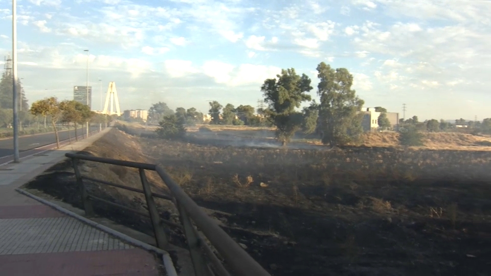 Incendio junto al Puente Real de Badajoz en agosto de 2025