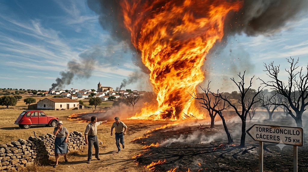 Recreación visual del fenómeno ocurrido en Torrejoncillo en 1980, donde una imponente columna de fuego y viento sorprendió a los trabajadores de la finca Cuatro Cuartos