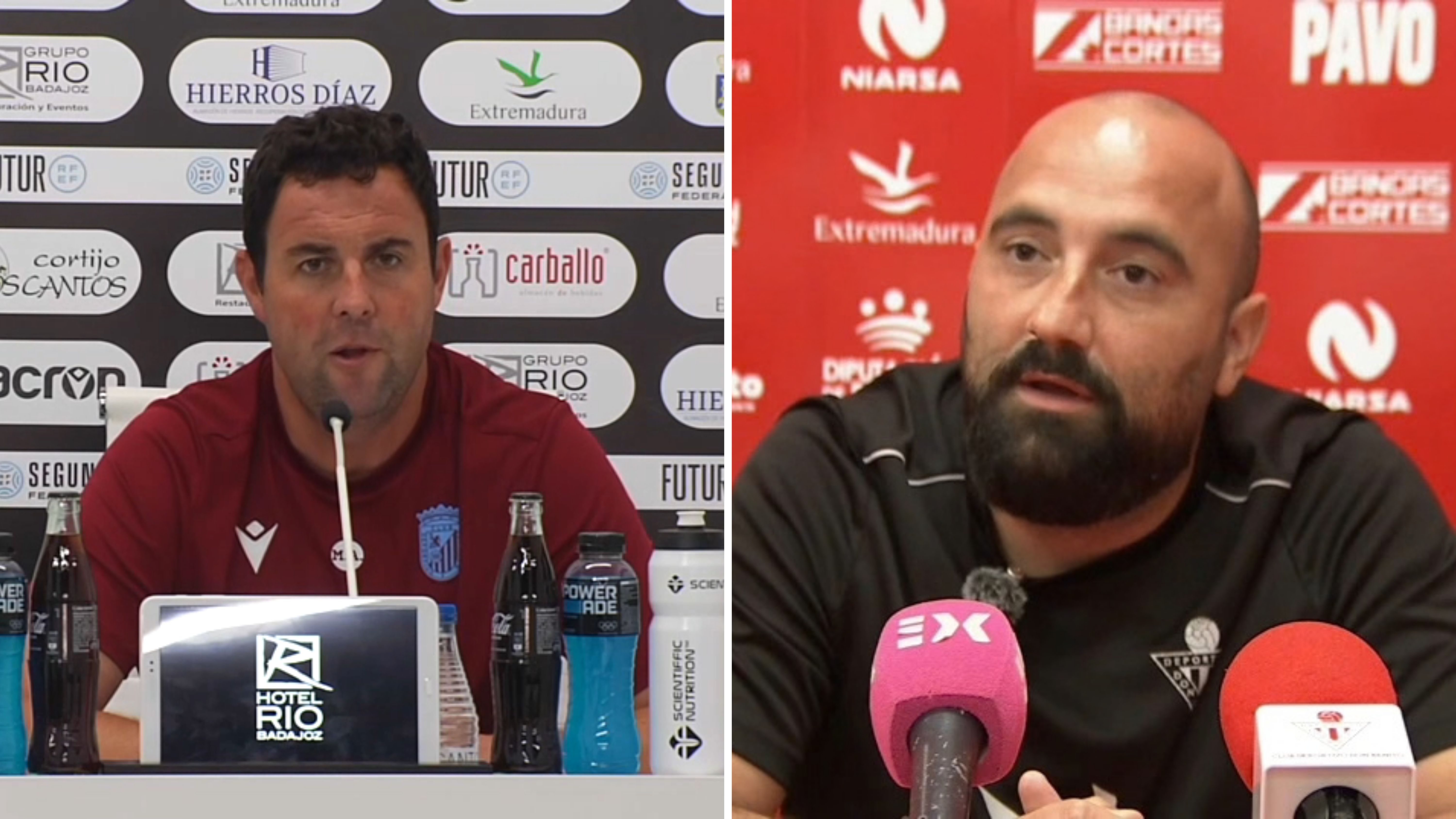 Miguel Ángel Ávila, Entrenador CD Badajoz (izquierda) y José Carlos Prieto, Entrenador CD Don Benito (derecha).