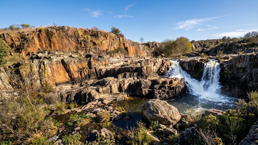 El curso del Árrago encuentra en este punto las formaciones de pizarra y crea una cascada que da nombre al lugar