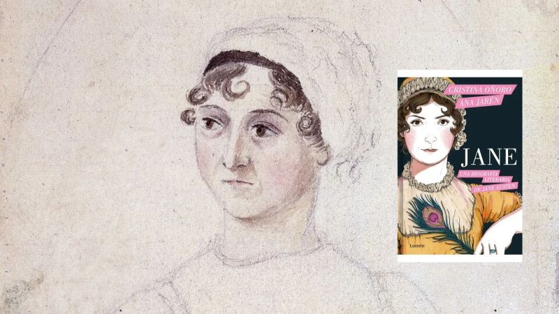 Retrato de Austen y la portada del libro