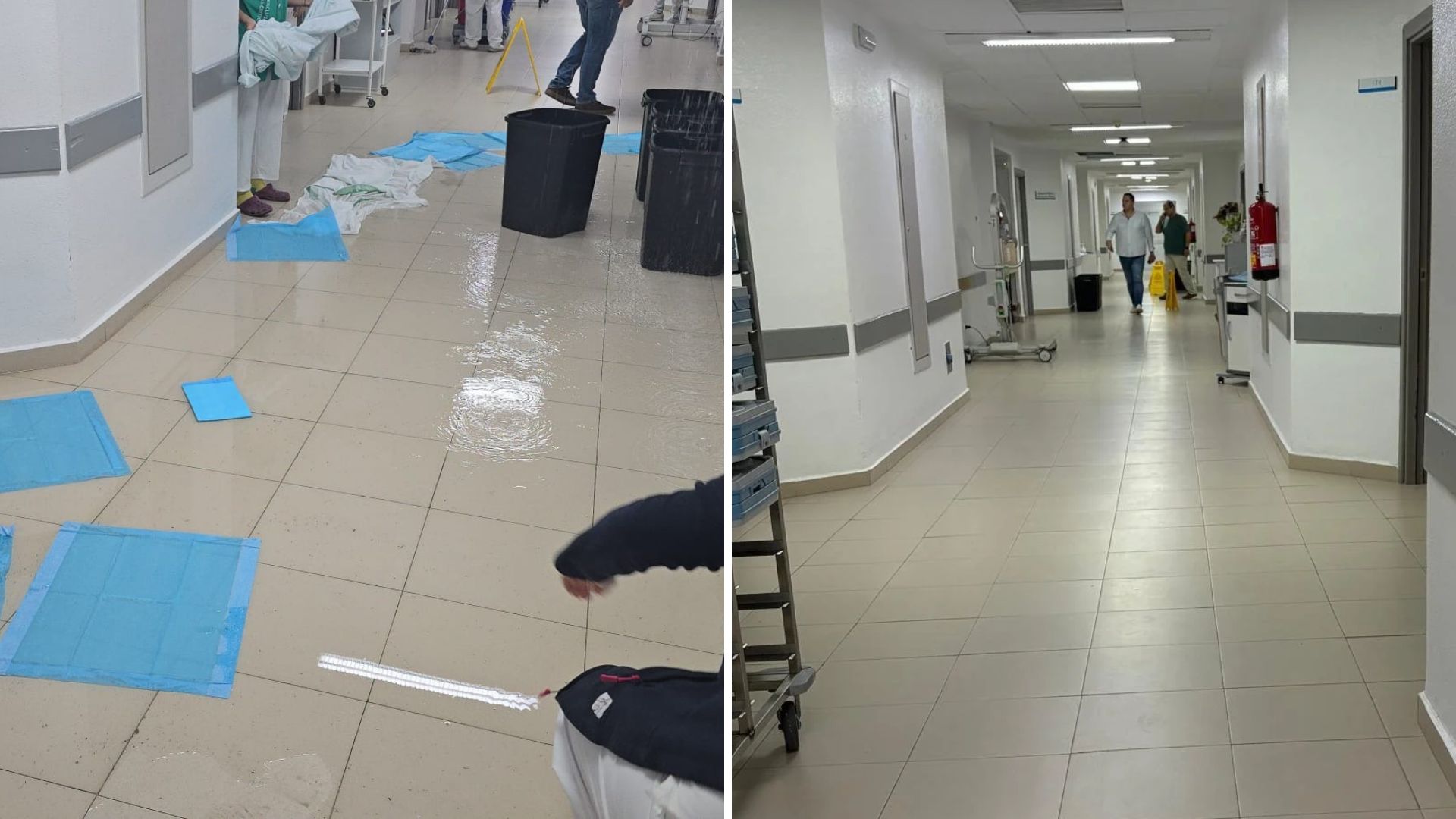 Estado de la planta del hospital tras la filtración por las lluvias y estado después de las actuaciones de emergencia