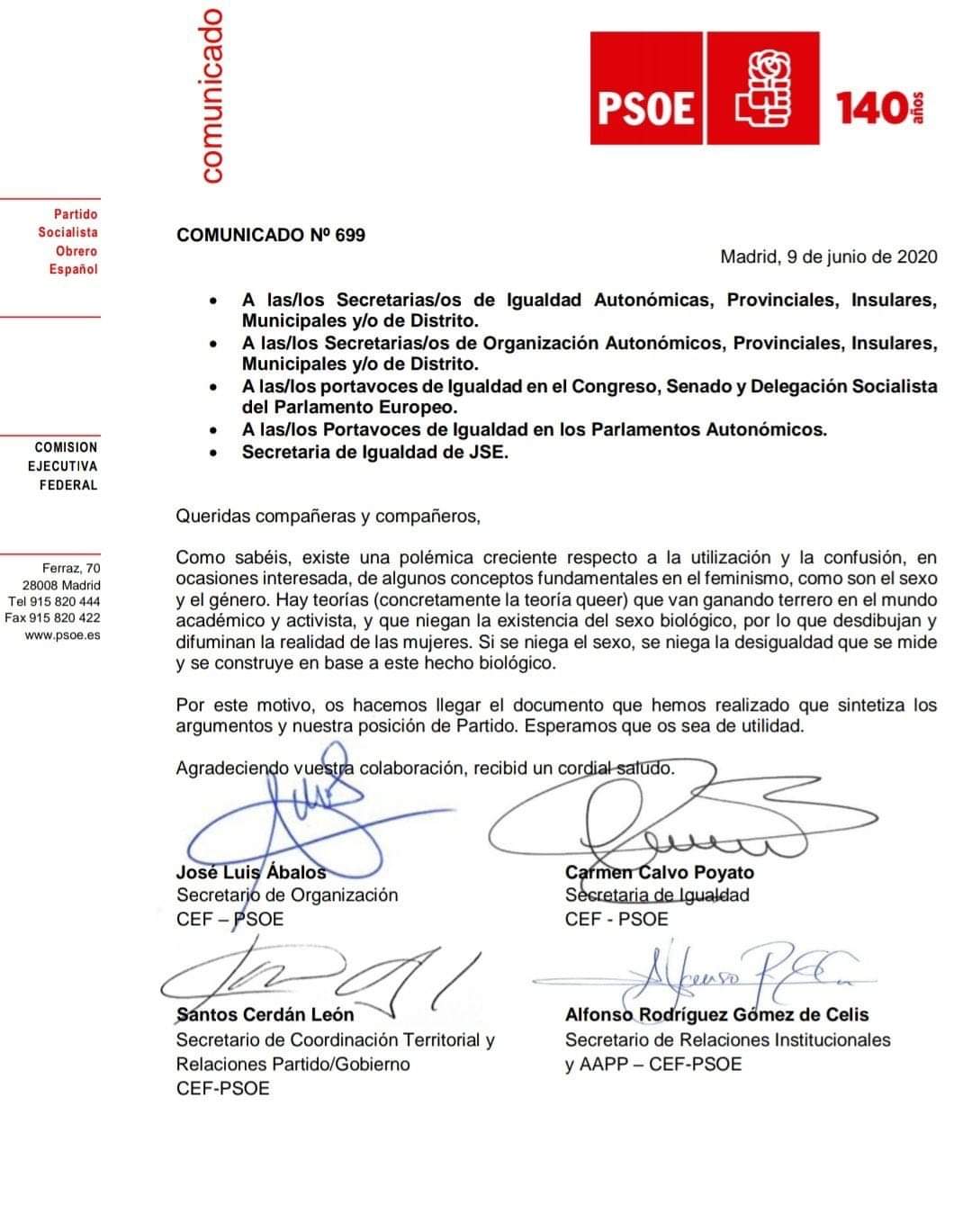 Argumentario enviado por el PSOE a sus Secretarías de Igualdad