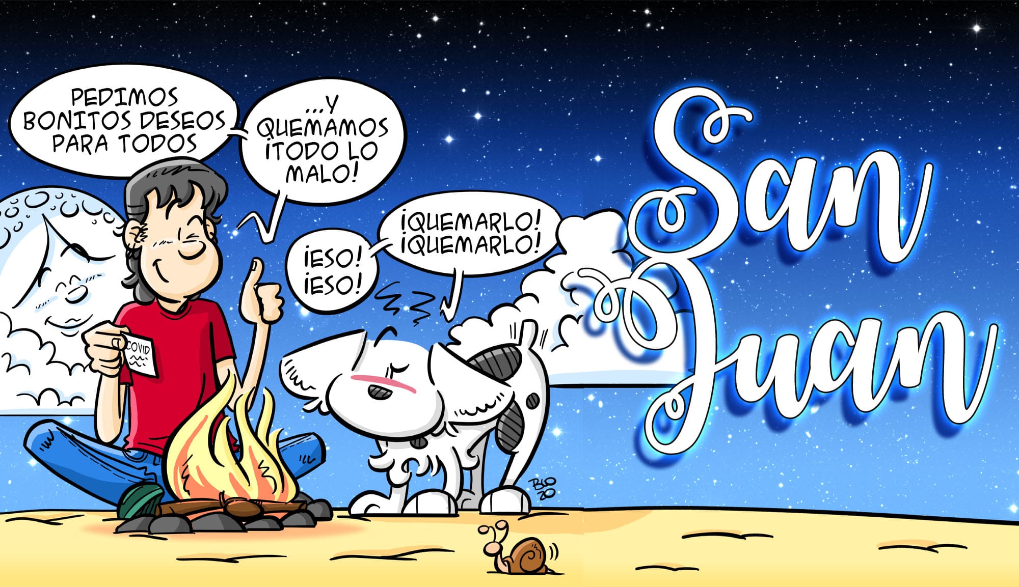 Un joven y su perro (LIco)preparan junto al fuego sus deseos para la noche de San Juan