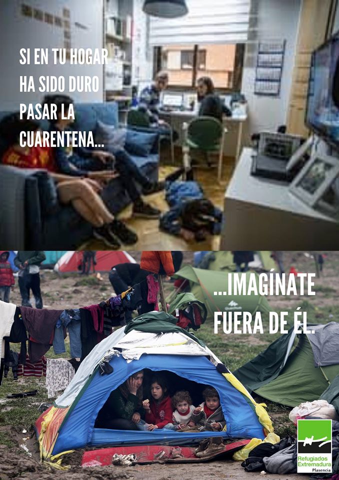 Dos imágenes comparan el confinamiento en un hogar y en un campo de refugiados