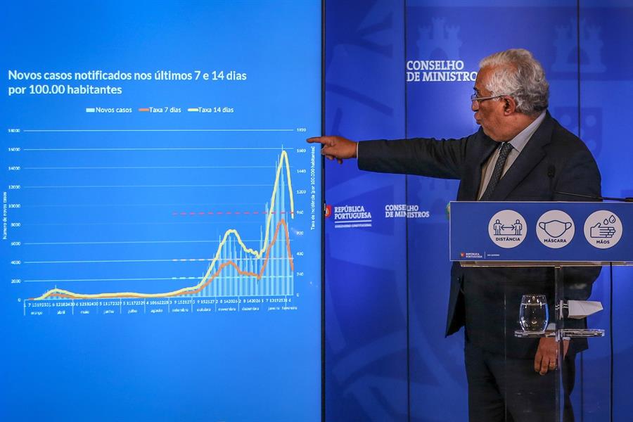 El primer ministro portugués Antonio Costa habla a los periodistas sobre las medidas a adoptar en la renovación del estado de emergencia que estará vigente hasta el 1 de marzo durante la rueda de prensa posterior al Consejo de Reunión de ministros celebrada en el Palacio de Ajuda en Lisboa