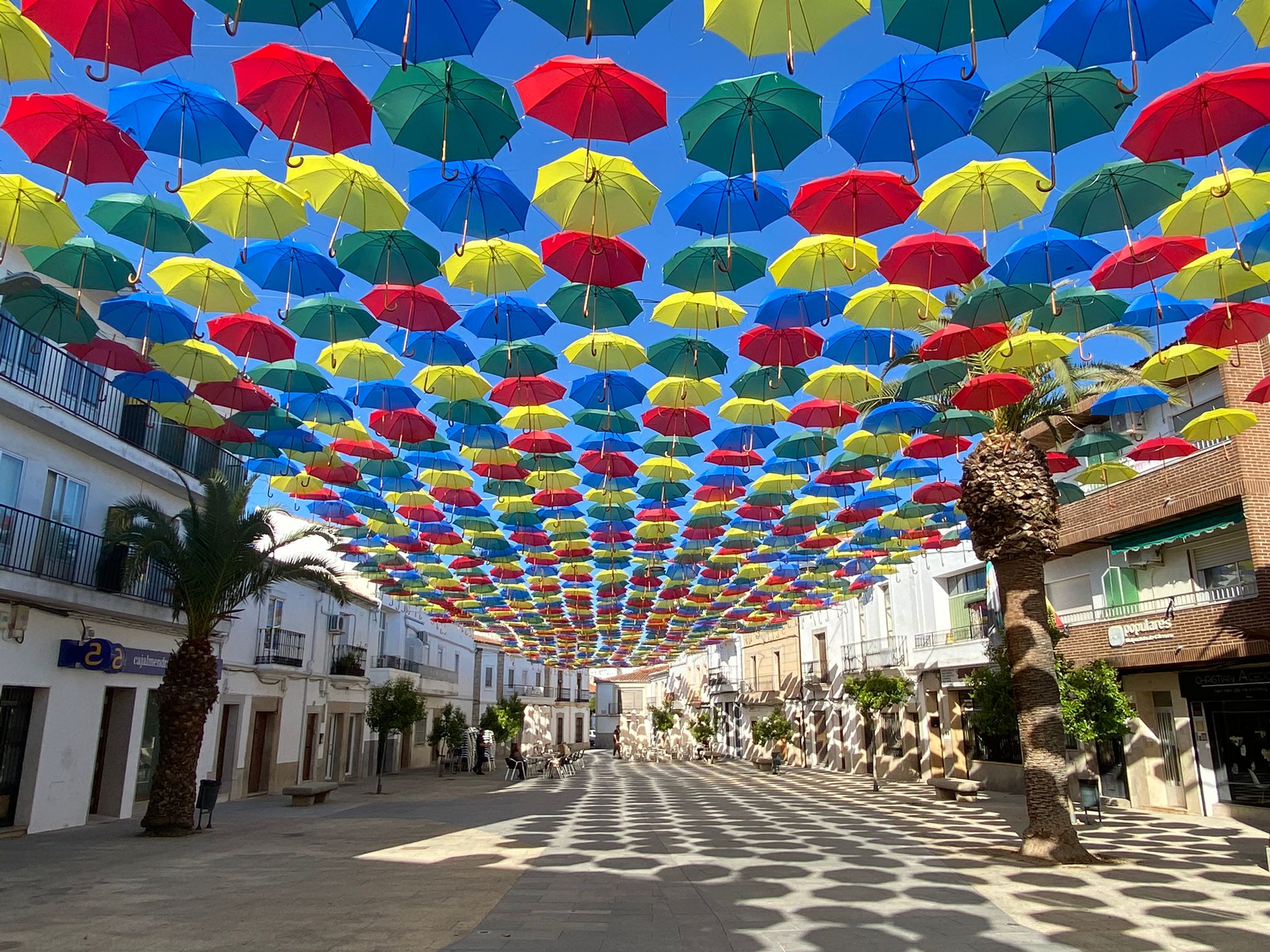 paraguas de colores el cielo de Malpartida Cáceres | Canal Extremadura