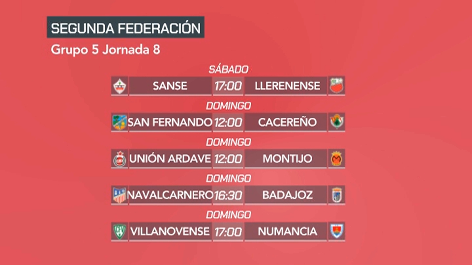 Horarios de la octava jornada de la Segunda Federación