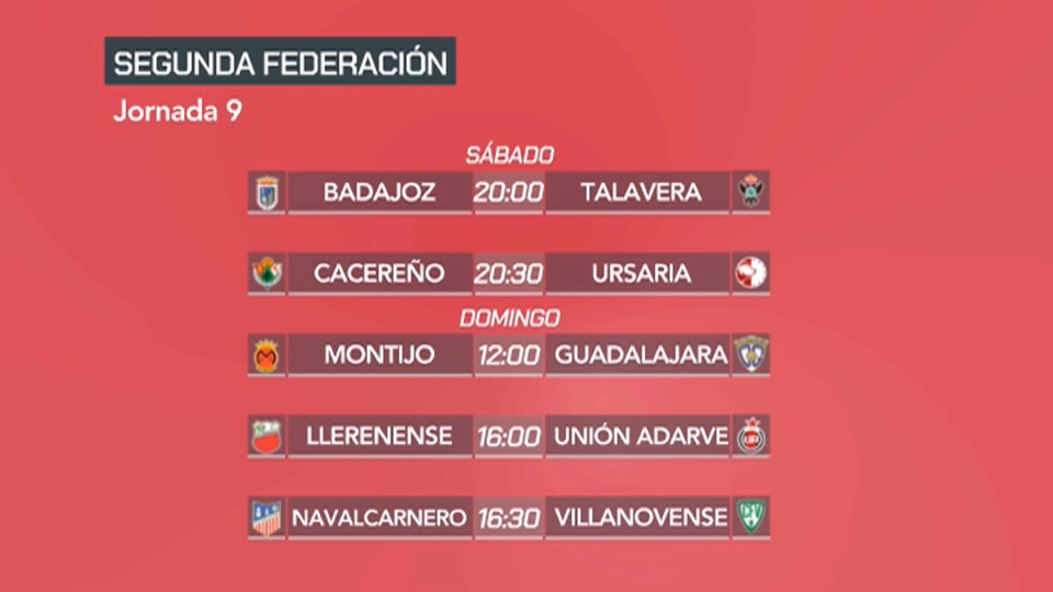 Tabla de horarios de partido de la novena jornada de 2ªRFEF