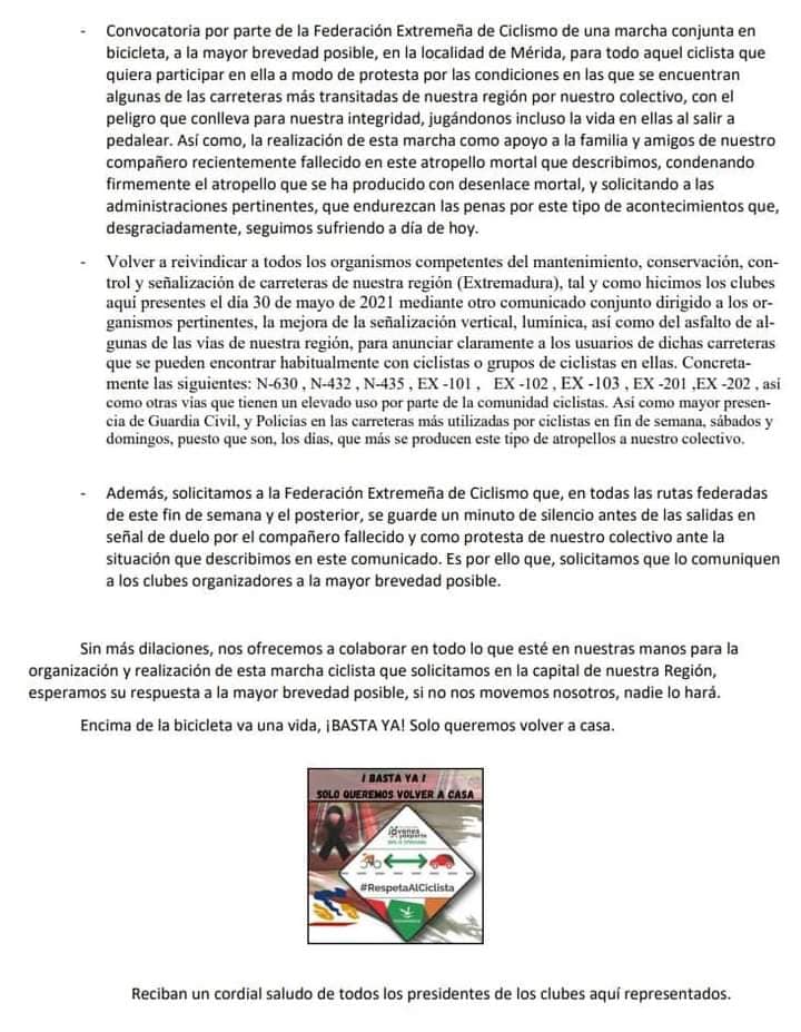 Manifiesto conjunto de las agrupaciones ciclistas de Extremadura