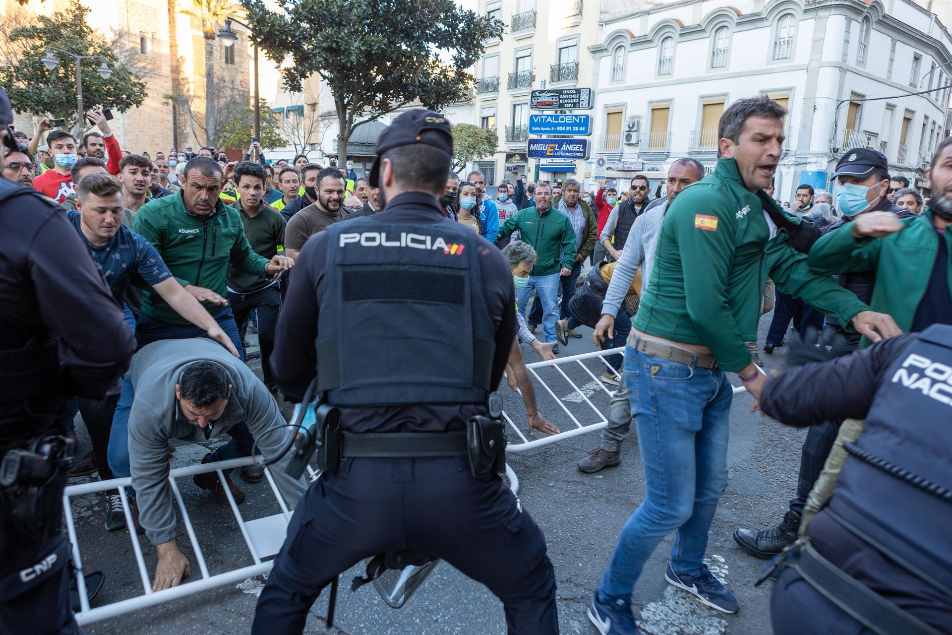 Decenas de agricultores mantienen una protesta en las inmediaciones del Ayuntamiento de Don Benito, coincidiendo con la visita del presidente del Gobierno, Pedro Sánchez, a esta localidad, y en la que ya se han producido momentos de tensión entre manifestantes y efectivos policiales. EFE/Jero Morales