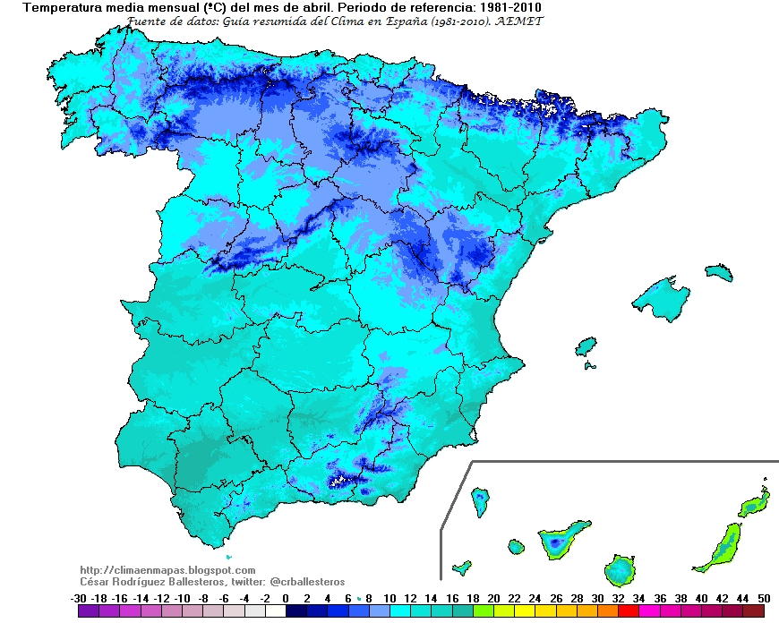 Temperatura media del mes de abril. Fuente: César Rodríguez Ballesteros y AEMET