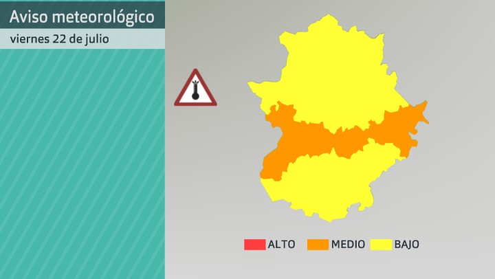 Mapa de avisos establecidos por AEMET por altas temperaturas para el viernes 22 de julio