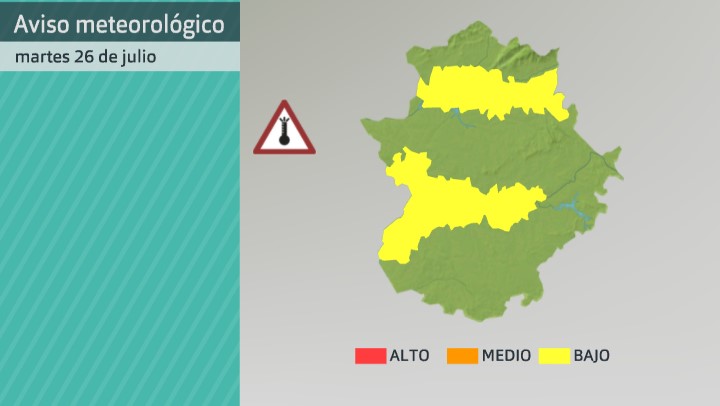 Mapa de avisos establecidos por AEMET por altas temperaturas para el martes 26 de julio