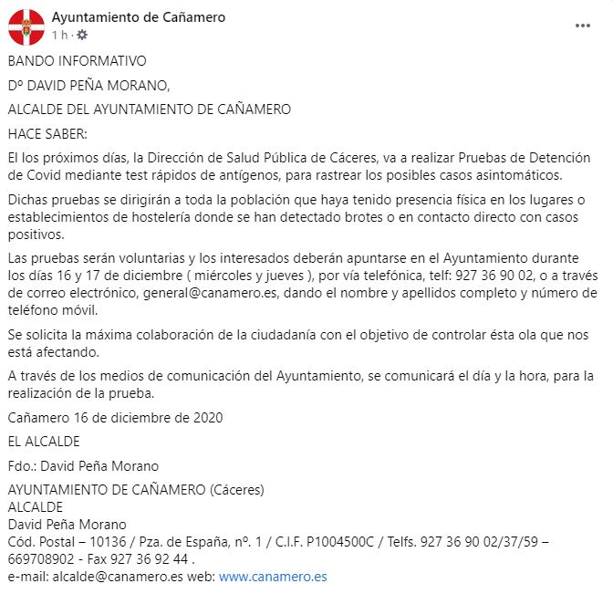 Comunicado del Ayuntamiento de Cañamero