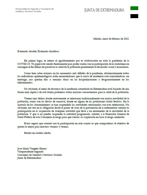 Carta enviada por el consejero de Sanidad a los alcaldes y las alcaldesas de la región