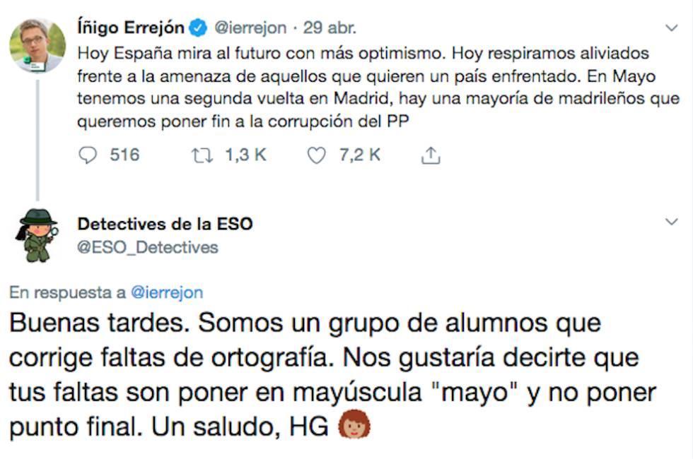 Tuit de los Detectives de la ESO corrigiendo faltas de ortografía a Íñigo Errejón