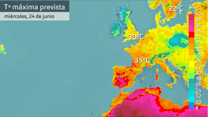 Temperatura máxima prevista en Europa miércoles 24 de junio