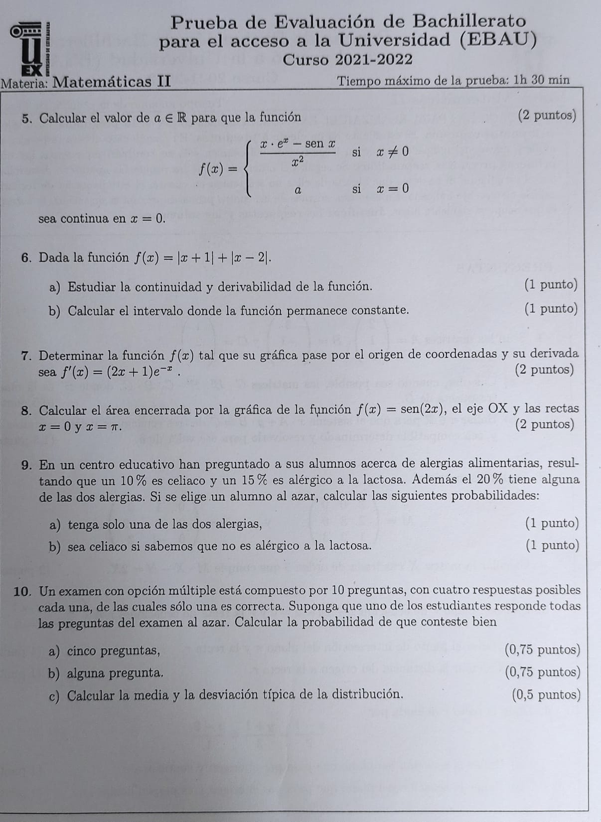 Segunda parte del examen de Matemáticas de EBAU en Extremadura