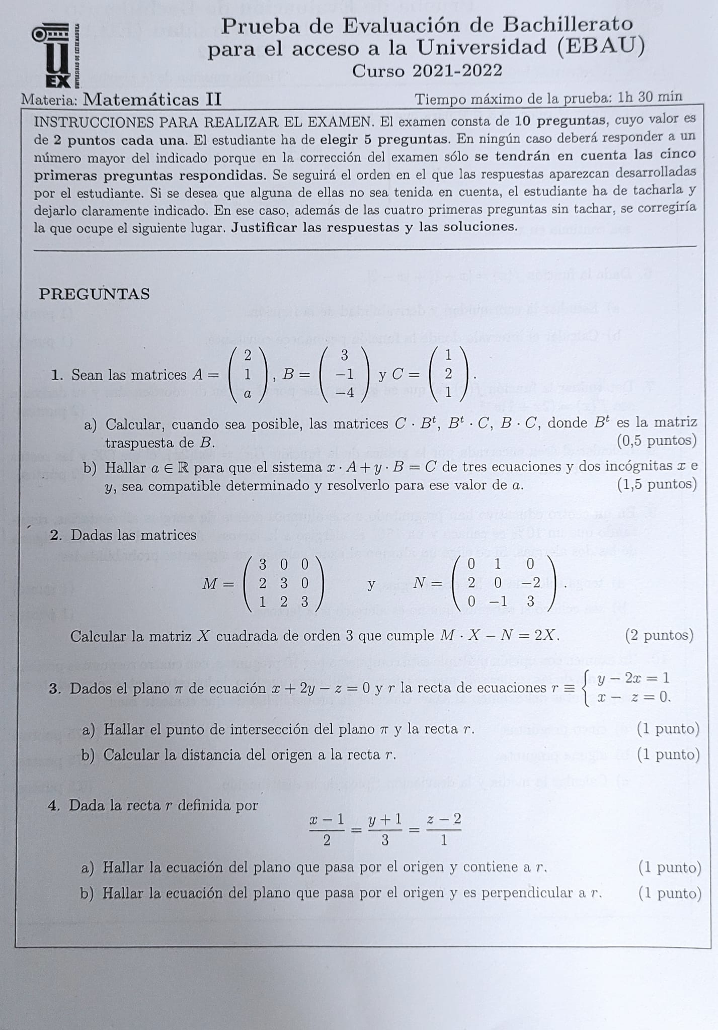 Primera parte del examen de Matemáticas de EBAU en Extremadura