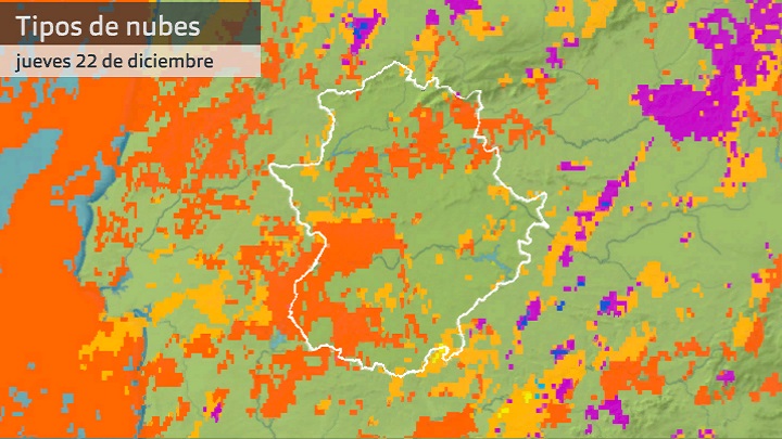 Imagen del Meteosat (tipos de nubes) jueves 22 de diciembre 6 h. En naranja nubes bajas y nieblas