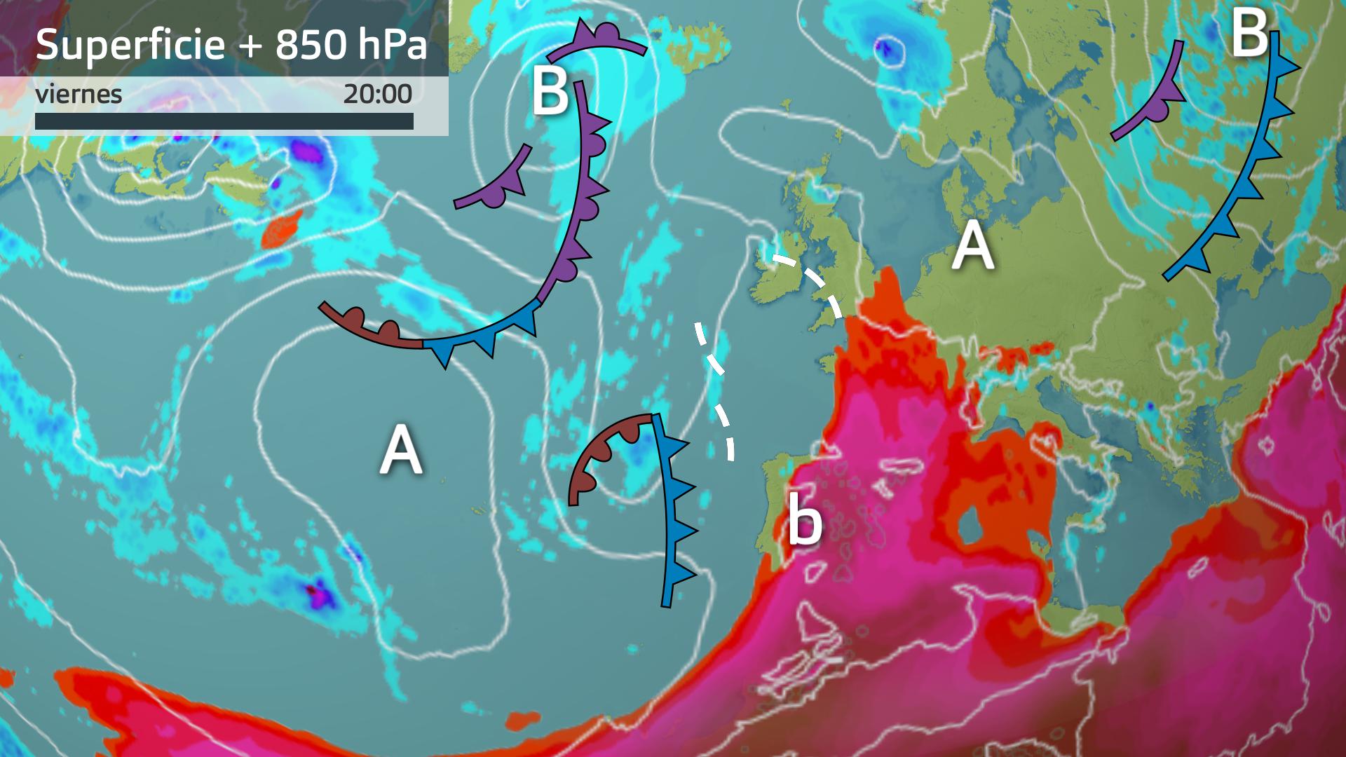 Mapa de superficie y de temperatura a 850 hPa (1500 metros de altura)