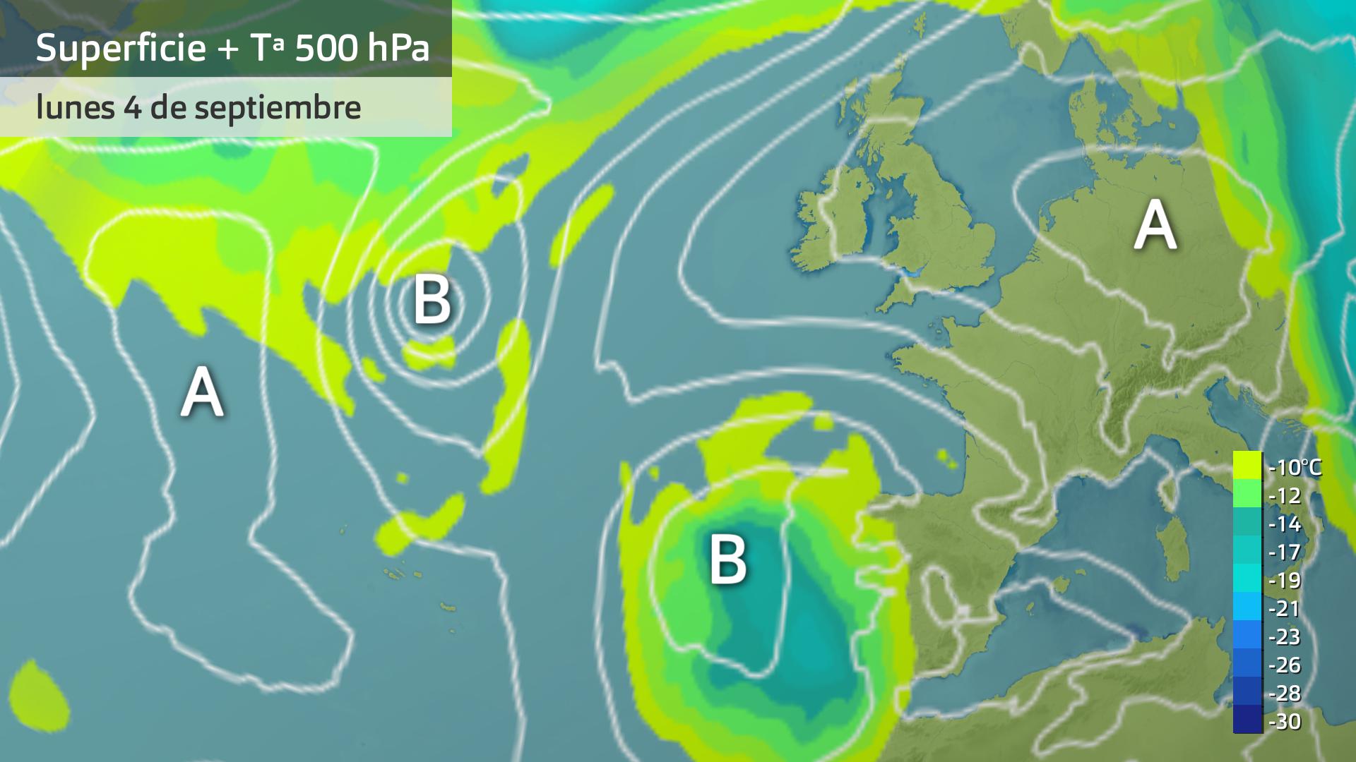 Mapa de superficie + temperatura a 500 hPa. Lunes 4 de septiembre