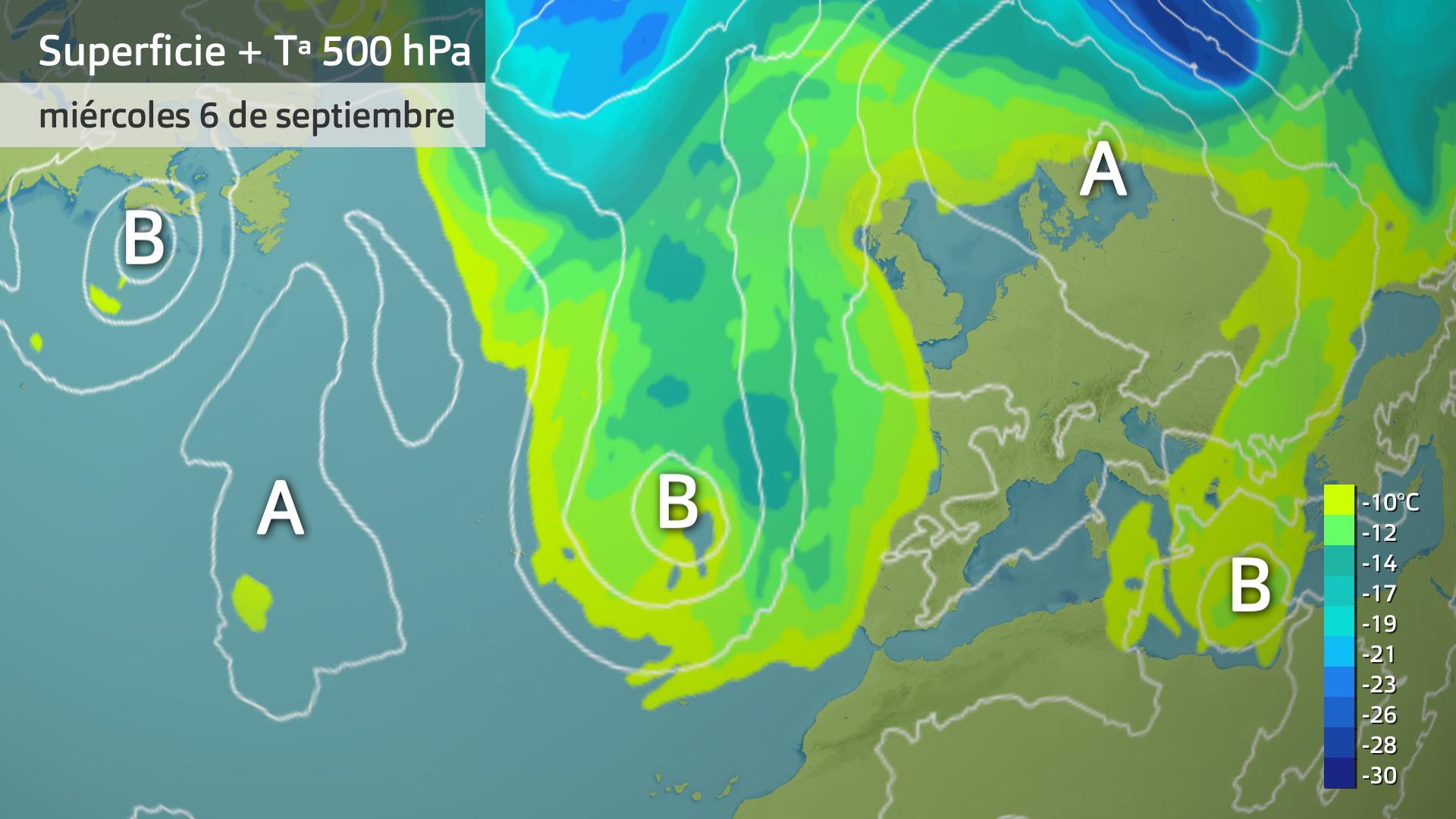 Mapa de superficie + temperatura a 500 hPa para hoy miércoles 6 de septiembre