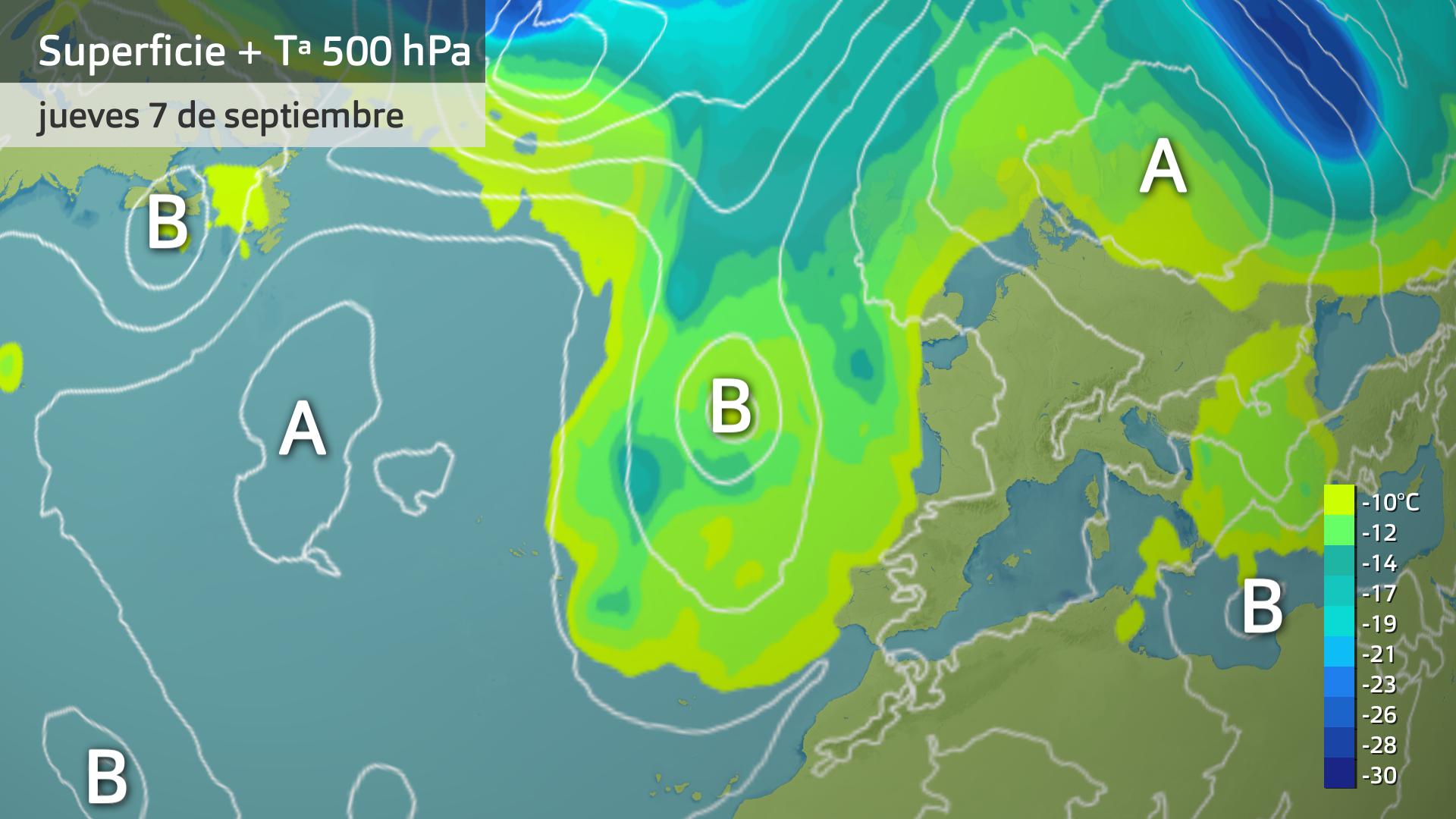 Mapa de superficie + temperatura a 500 hPa jueves 7 de septiembre