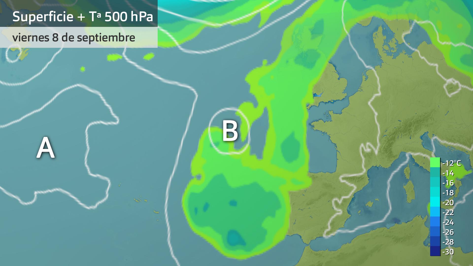 Mapa de superficie + temperatura a 500 hPa para hoy viernes 8 de septiembre