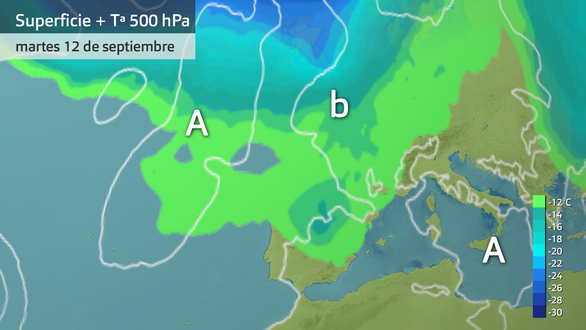 Mapa de superficie + temperatura a 500 hPa para hoy martes 12 de septiembre