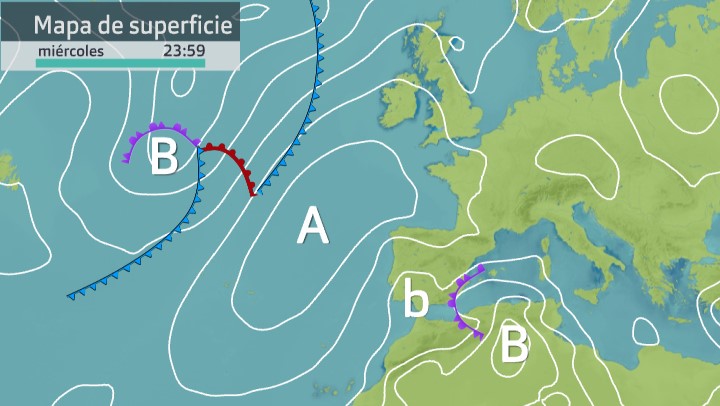 Mapa de presión atmosférica para el miércoles 4 de mayo a últimas horas