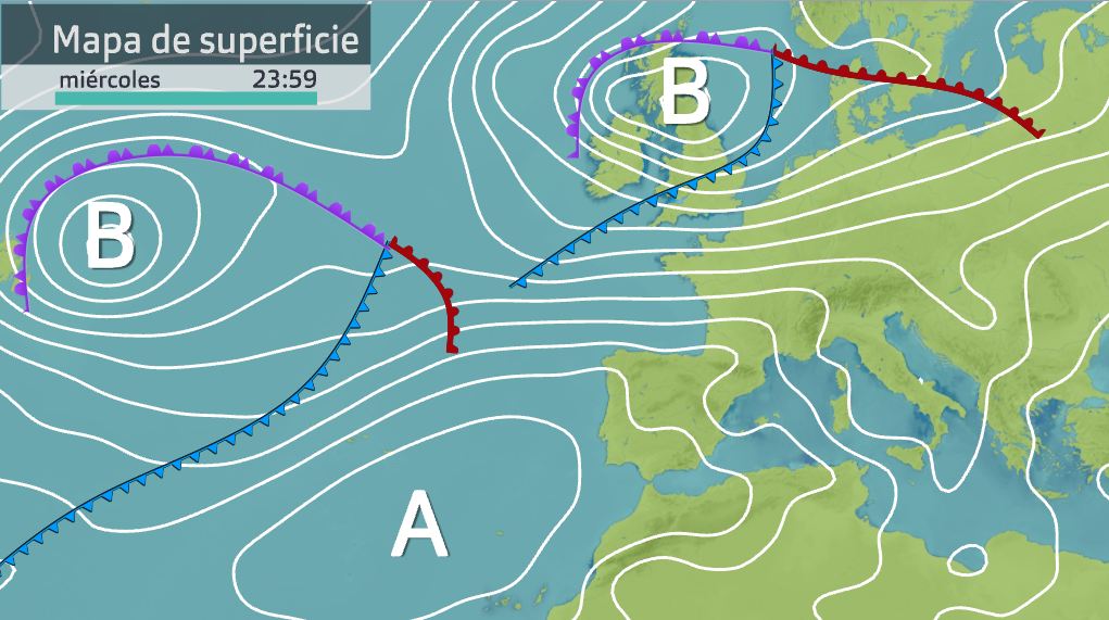 Mapa de presión atmosférica para el miércoles 6 de abril a últimas horas