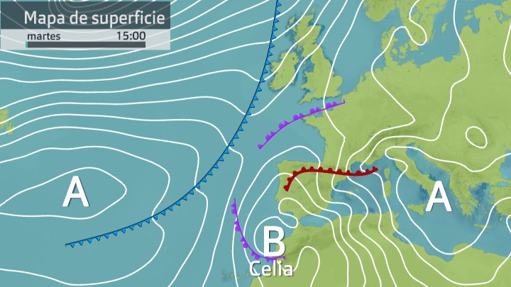 Mapa de presión atmosférica del martes 15 de marzo donde aparece la borrasca Celia