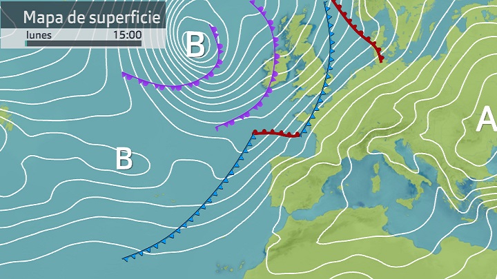 Mapa de superficie + frentes lunes 19 de diciembre 15 h.