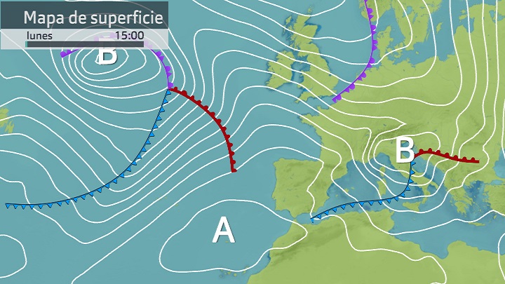 Mapa de superficie (más frentes) previsto para hoy lunes 9 de enero
