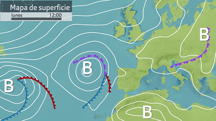 Mapa de superficie previsto para hoy lunes 25 de abril 12 h.