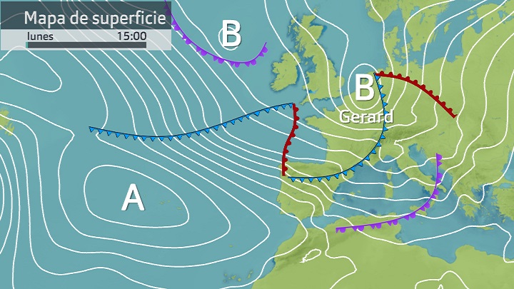 Mapa de superficie (+ frentes) lunes 16 de enero 15 h.