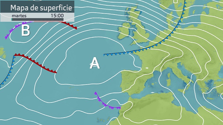 Mapa de superficie + frentes prevista para hoy martes 31 de enero 15 h.