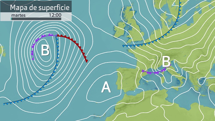 Mapa de superficie previsto para hoy martes 14 de marzo