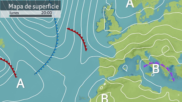 Mapa de superficie más frentes para hoy lunes 17 de abril (20 h.)