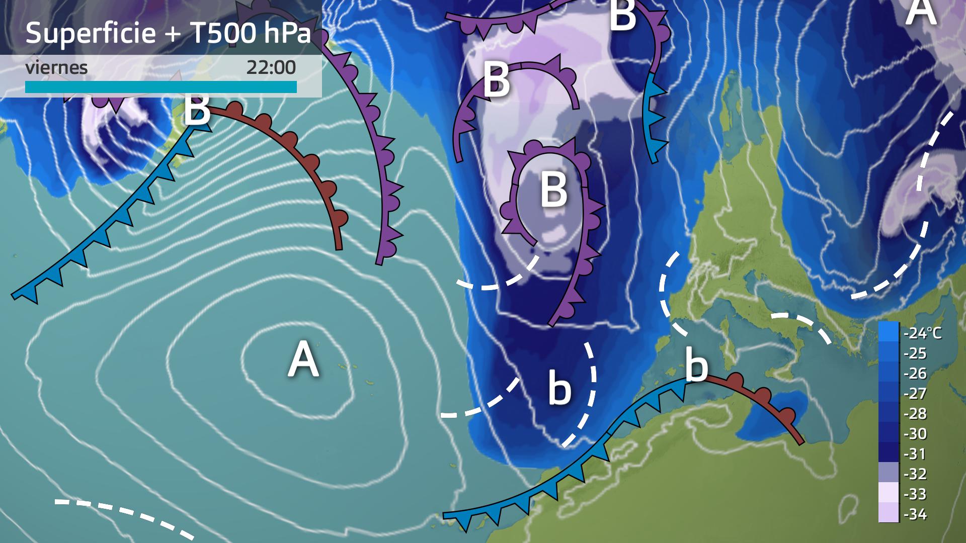 Mapa de superficie y de temperatura a 500 hPa (5500 metros de altura)